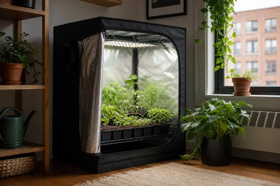 Zazzy Grow Tent 2x2 setup with LED light in a home closet